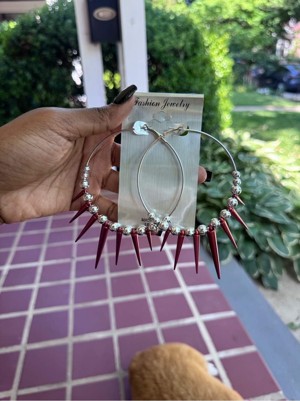 Fashion Jewelry Burgundy Spike Hoop Earrings with Silver Beads